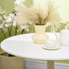 A close-up shot of a white round table with a vase of dried flowers, a teacup, saucer, and teapot. Náhľad obrázku produktu
