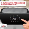 Close-up of an air fryer with a digital display and a hand interacting with it, with promotional text at the top and a logo at the bottom. Produktbild-Vorschau