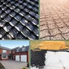 A collage of images showing different aspects of a geogrid product, including its structure, application with gravel, and installation near a house. Produktbild-Vorschau