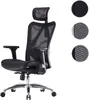 A black ergonomic office chair with a headrest and adjustable armrests is shown against a white background. Three circular insets on the right side of the image display close-ups of the mesh material used in the chair's construction. Náhled obrázku produktu