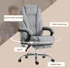 A grey office chair with various features highlighted by text overlays and arrows, set against a light beige background with a blurred image of a person in the background. Produktbild-Vorschau