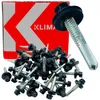 A pile of self-drilling screws with black heads and silver threaded shafts, next to a red and white box with the brand name 'KLIMAS' visible. Anteprima dell’immagine prodotto
