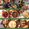A collage of three fondue types: classic meat and vegetable fondue, chocolate fondue with fruit, and cheese fondue with bread. Produktbild-Vorschau