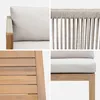 Collage of close-up shots of a garden furniture set, showing details of the wood, rope, and cushions. Produktbild-Vorschau