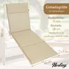 A beige garden lounger cushion is shown laid out, with dimensions and product information overlaid. Produktbild-Vorschau