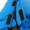 A close-up view of a blue sleeping bag with black velcro closures. Produktbild-Vorschau