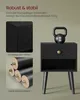 A black nightstand with a drawer and open shelf, featuring a kettlebell on top, with close-up images of its materials. Produktbild-Vorschau