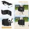 Collage showing a foldable sun lounger in various states and contexts, including being carried and set up. Podgląd zdjęcia produktu