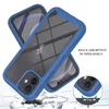 A blue iPhone 12 Mini case is shown from a diagonal angle, with a close-up inset showing shock absorption features. Produktbild-Vorschau