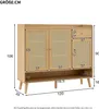 A diagram of a wooden cabinet with dimensions shown. Voir les images du produit