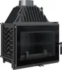 A black cast iron fireplace insert with a glass door and a chimney flue. Produktbild-Vorschau