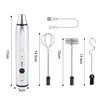 A silver electric milk frother and its accessories are displayed against a white background, with measurements indicated. Produktbild-Vorschau