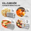 Collage of accessories for a hot air oven, showing popcorn, a rotisserie chicken, a pizza, and skewers of food. Voir les images du produit