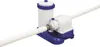 A white and blue swimming pool filter pump with hoses attached, shown on a white background. Voir les images du produit