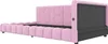 A pink upholstered bed frame with a hexagonal patterned headboard and a solid black back panel. Produktbild-Vorschau