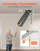 An elderly man is using a pull rod to deploy a retractable attic ladder from a ceiling opening. A close-up inset shows the magnetic door and secure pull ring mechanism. Podgląd zdjęcia produktu