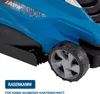 Close-up of a blue electric lawnmower wheel and part of its body. Produktbild-Vorschau