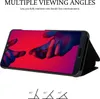 A smartphone case is shown in a folded position, displaying the phone screen with an image of hands reaching for each other. Below the phone are diagrams illustrating different viewing angles. Náhled obrázku produktu