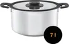 A stainless steel pot with a glass lid and black handles is shown against a white background. A black circle with orange text '7 L' is overlaid on the bottom right of the image. Produktbild-Vorschau