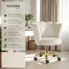 A cream-colored office chair with a scalloped back and gold base is shown in a well-lit room with curtains in the background. A vertical panel on the left lists product features. Produktbild-Vorschau