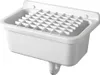 A white plastic sink with a grid on top, mounted on a wall. Produktbild-Vorschau