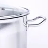 A close-up shot of the handle and rim of a stainless steel pot with a glass lid. Produktbild-Vorschau