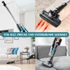 A collage of four images showing a cordless stick vacuum cleaner in different settings and close-ups. Produktbild-Vorschau