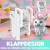 A collage of a white step stool and a cartoon unicorn, with text overlays. Produktbild-Vorschau