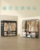 Two open wardrobes filled with clothes and storage bins, with icons above representing clothing items. Náhled obrázku produktu
