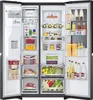 The interior of an open refrigerator, showing various food items and storage compartments. Produktbild-Vorschau