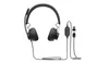 A black Logitech Zone Wired headset with a microphone boom is shown against a white background. The headset has two earcups and a headband. A cable extends from the left earcup, leading to an inline control module and then to a USB-C connector and a USB-A  Anteprima dell’immagine prodotto