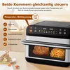 A close-up marketing image of a dual-chamber air fryer with food inside, accompanied by text and icons explaining its features. Produktbild-Vorschau