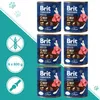 A collection of six cans of dog food, arranged in two columns of three, against a teal background with graphic elements. Produktbild-Vorschau