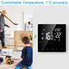 A split image showing a family in a living room on the left and a digital thermostat display on the right. Podgląd zdjęcia produktu