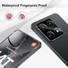 A close-up marketing image showing a smartphone screen with water droplets and a camera module with water droplets, highlighting its waterproof and fingerprint-proof features. Produktbild-Vorschau
