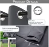 Collage of close-up images showing details of a dark gray garden curtain, including grommets, rod pocket, and tie-back. Náhled obrázku produktu