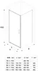 A technical drawing of a shower enclosure with dimensions and a table of measurements. Voir les images du produit