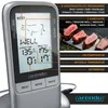 A digital meat thermometer with its display showing current temperature and target temperature, along with related images of cooked steaks and text highlighting features. Produktbild-Vorschau