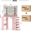 A diagram showing the dimensions of a pink vanity table with a tri-fold mirror and drawers, along with two boxes labeled 'Paket A Spiegel' and 'Paket B Tisch'. Voir les images du produit