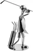 A metallic sculpture of a golfer in mid-swing, with a golf bag and clubs. Produktbild-Vorschau