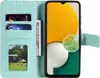 A teal flip case for a smartphone, open to reveal card slots and a photo window. The smartphone is inside the case. Produktbild-Vorschau