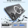 A clear phone case is shown falling and impacting a cracked surface, illustrating its drop protection features. Produktbild-Vorschau