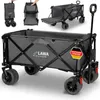 A collage of images showing a foldable wagon in various states of use and assembly, with close-ups of its features. Produktbild-Vorschau