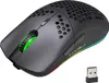 A black wireless gaming mouse with RGB lighting and a USB receiver. Podgląd zdjęcia produktu