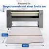 A large ironing machine with a fabric laid out in front of it, showing dimensions. Produktbild-Vorschau