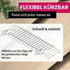 An illustration of a wooden sauna bench being cut to size, with marketing text. Produktbild-Vorschau