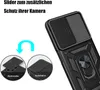 A close-up marketing image of a black smartphone case with a camera slider and a ring holder, accompanied by instructional graphics. Produktbild-Vorschau
