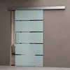 A modern sliding glass door with frosted panels and a silver handle, installed in a room with a gray wall and floor. Produktbild-Vorschau