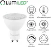 A white LED bulb with several informational icons and text. Produktbild-Vorschau