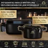A product image showcasing two black enameled cast iron pots, a larger roaster and a smaller stew pot, against a dark, kitchen-like background with shelves and jars. Text overlays describe the products and their features, and icons at the bottom indicate c Produktbild-Vorschau